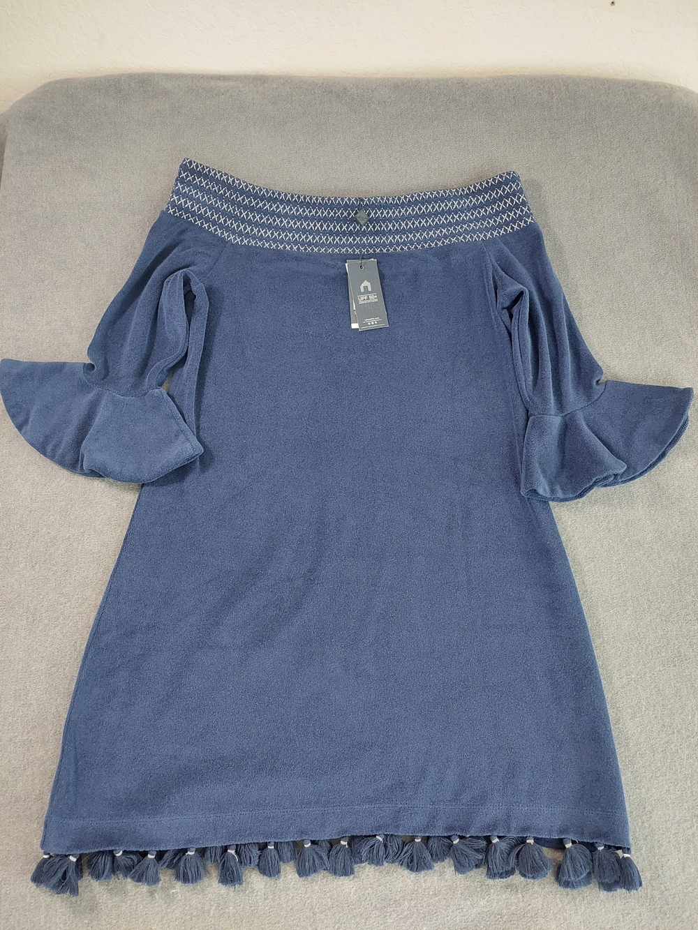 NWT Cabana Life Navy Blue Smocked Off The Shoulder Terry Tunic Dress Medium UPF - Picture 2 of 13